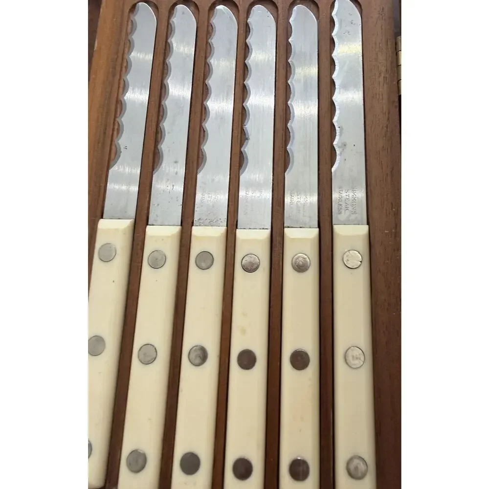 Vintage Simmons Stainless Steel Steak Knives Set of 8 Cream Handle Wood Lock Box